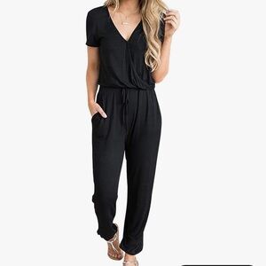 Women's Black Short Sleeve V-Neck Jumpsuit with Drawstring Waist